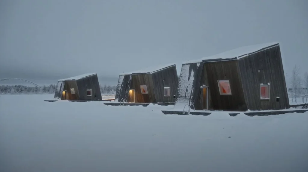 angular winter cabins in snow