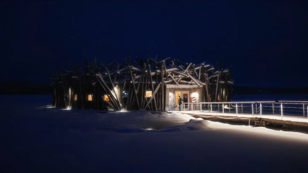 Arctic Bath hotel exterior at night