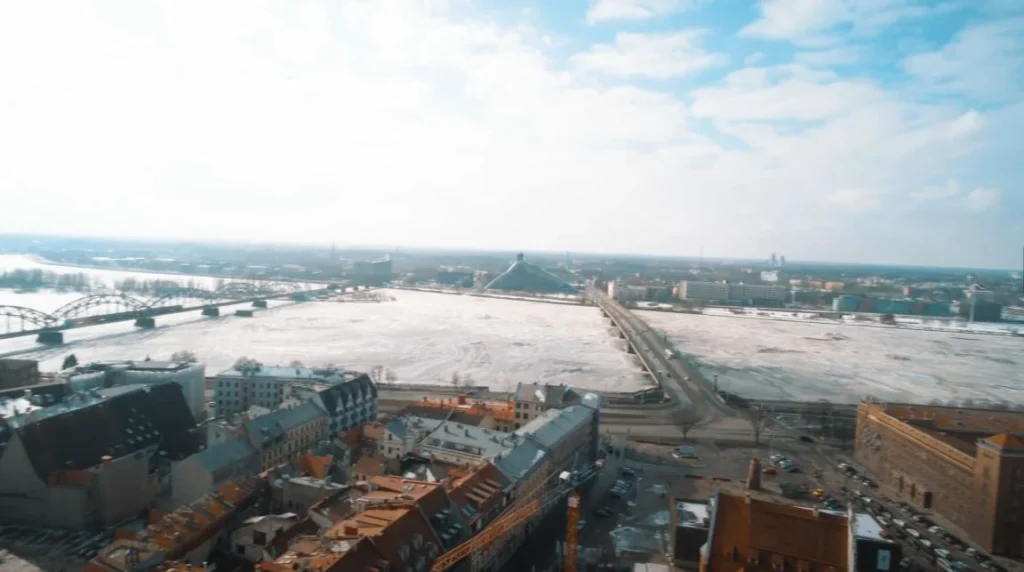 Frozen Daugava River and bridge