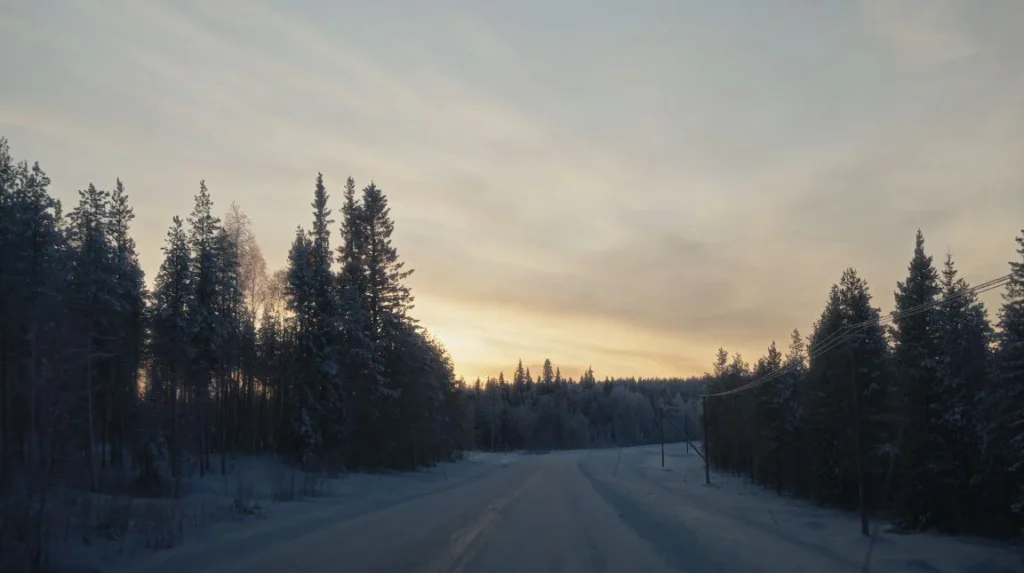 sunset through winter forest