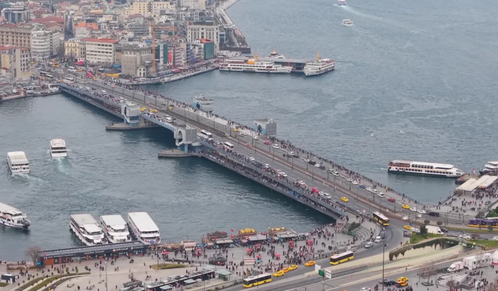 Galata Bridge with ferry boats on Bosphorus