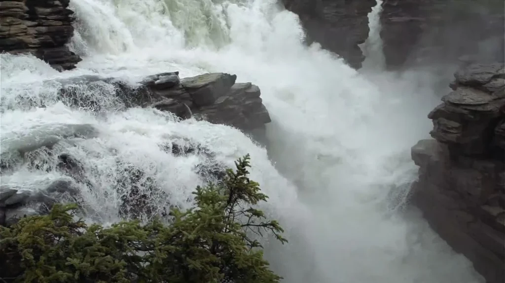 Athabasca Falls limestone gorge and powerful waterfall