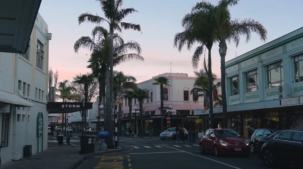Napier street scene with palm trees at golden hour