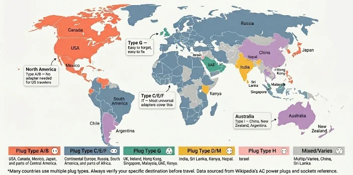 A world map graphic color-coded by plug type region
