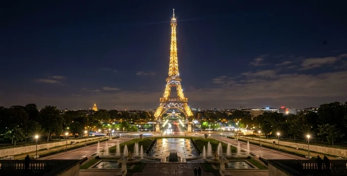 Eiffel Tower illuminated and sparkling at night