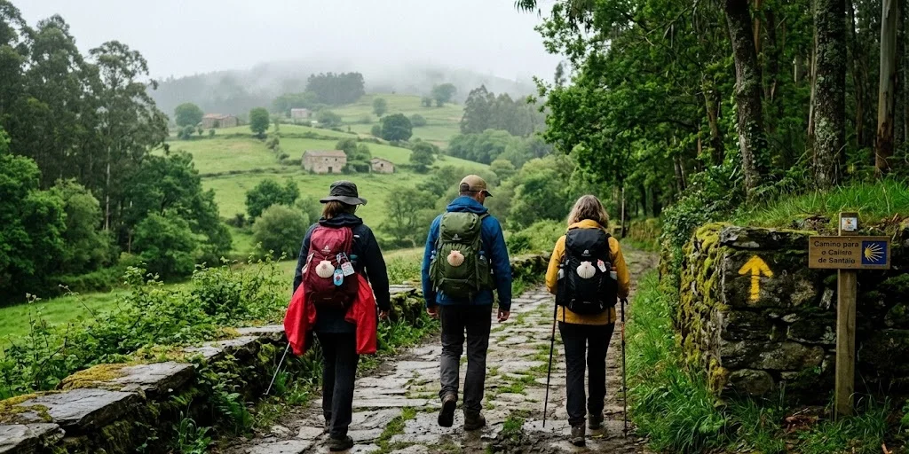 Hikers on a Camino de Santiago trail through green Galician countryside