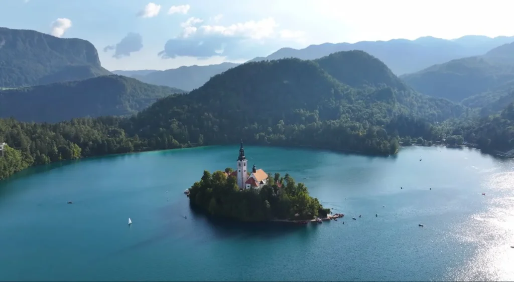 Lake Bled wide aerial, turquoise water