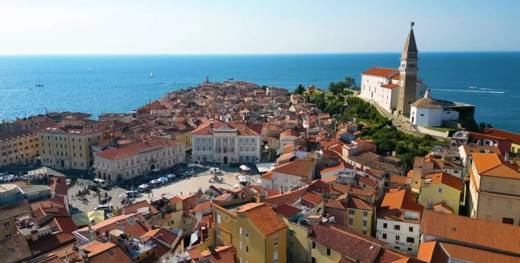 Piran aerial, full peninsula, St. George's Church