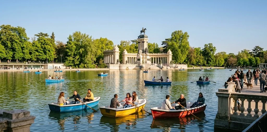 Retiro Park lake with rowboats