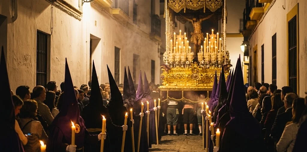 Semana Santa candlelit procession through narrow Seville streets at night