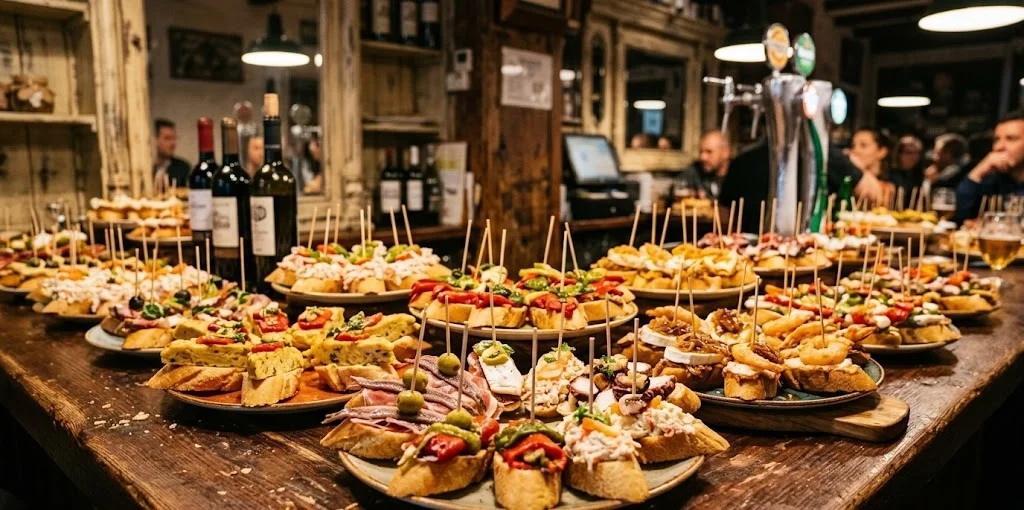 Spread of pintxos on a bar counter in San Sebastián's old town