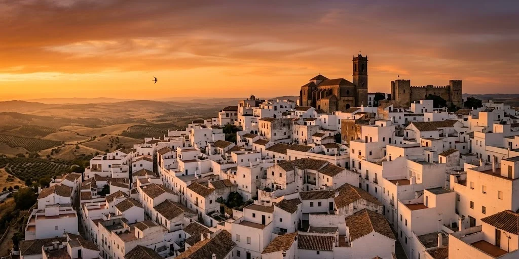 Sunset over white-washed village rooftops in Andalusia with a church bell tower silhouetted