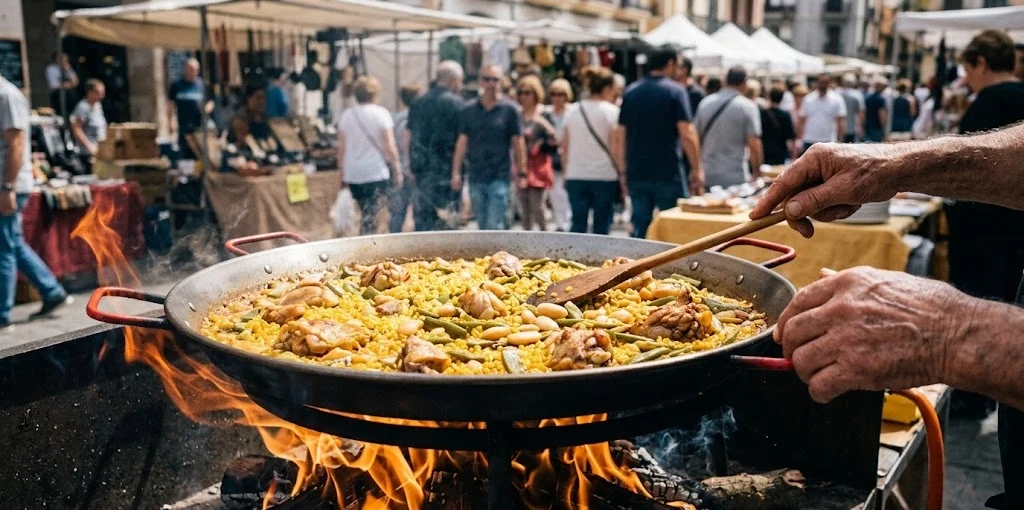 Traditional Valencian paella cooking over open flame in an outdoor market