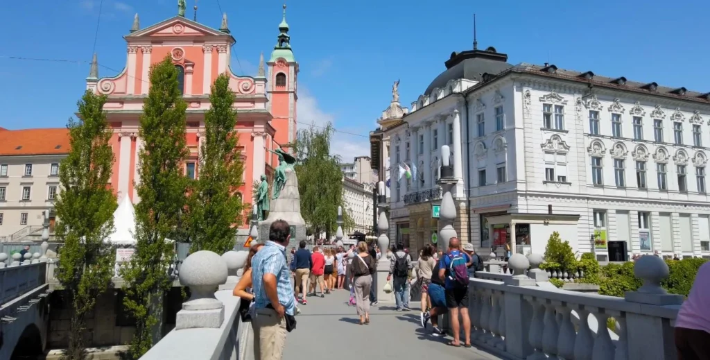 Triple Bridge street level, Franciscan Church pink facade (2)