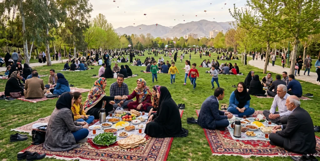 Families picnicking in a Shiraz park during Sizdah Bedar