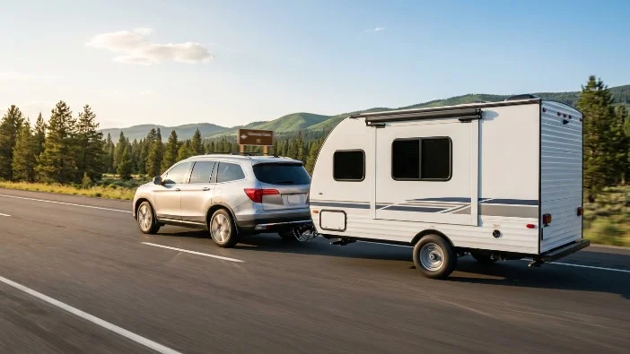 Mid-size SUV towing the lightweight KZ Sportsmen Classic 130BH travel trailer