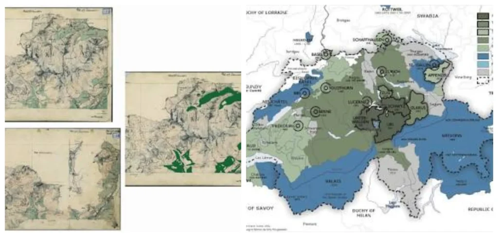 Türst's 1497 map alongside a section of the Dufour Map (1)
